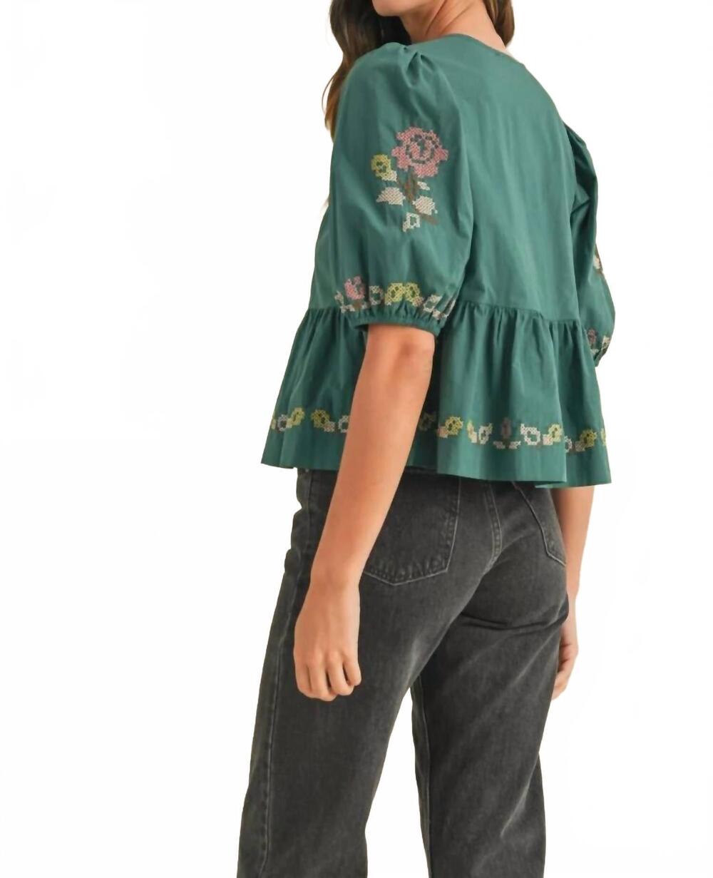 NEW MABLE abby floral puff sleeve blouse in hunter green - Picture 4 of 6